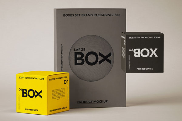 Front Shot of 3 Packaging Boxes Branding Mockups
