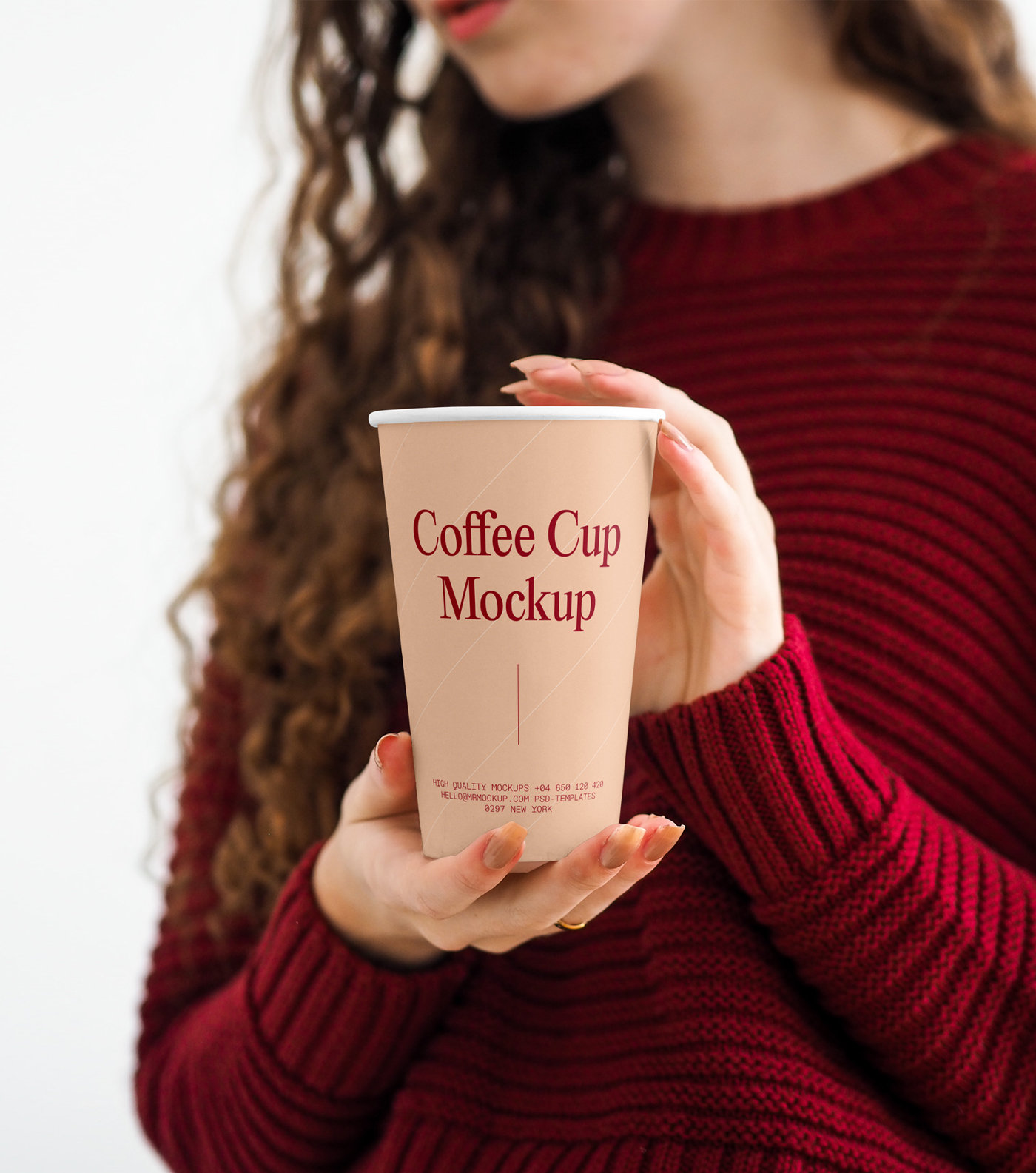 Front Shot of Coffee Cup Mockup in Women Hands FREE PSD