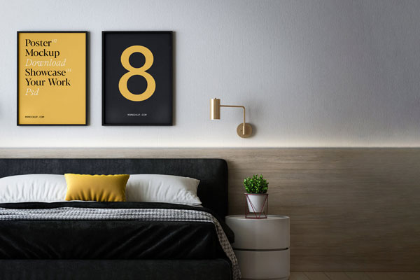 Front Shot of Two Posters Mockup in Bedroom
