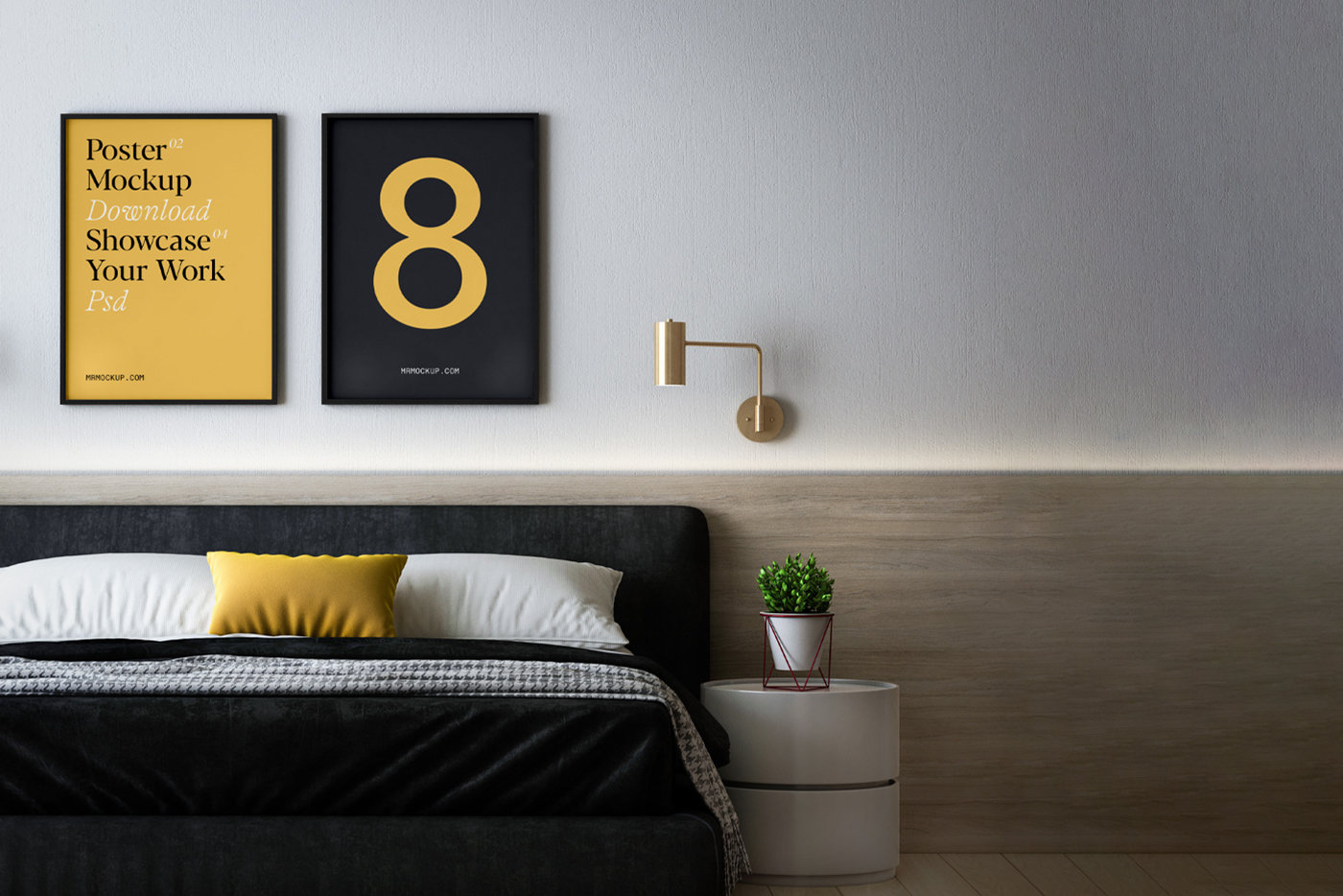 Front Shot of Two Posters Mockup in Bedroom FREE PSD