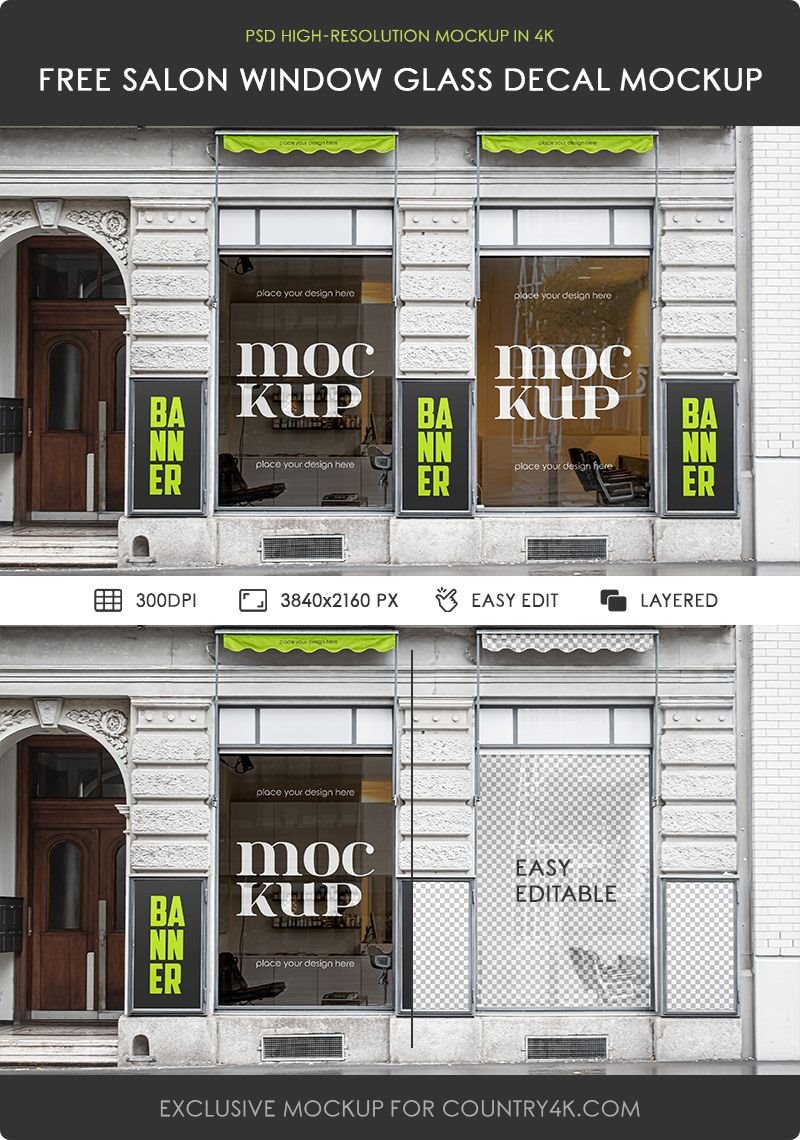 Front Showcase of Hairdresser Salon Window Glass Decal Mockup FREE PSD
