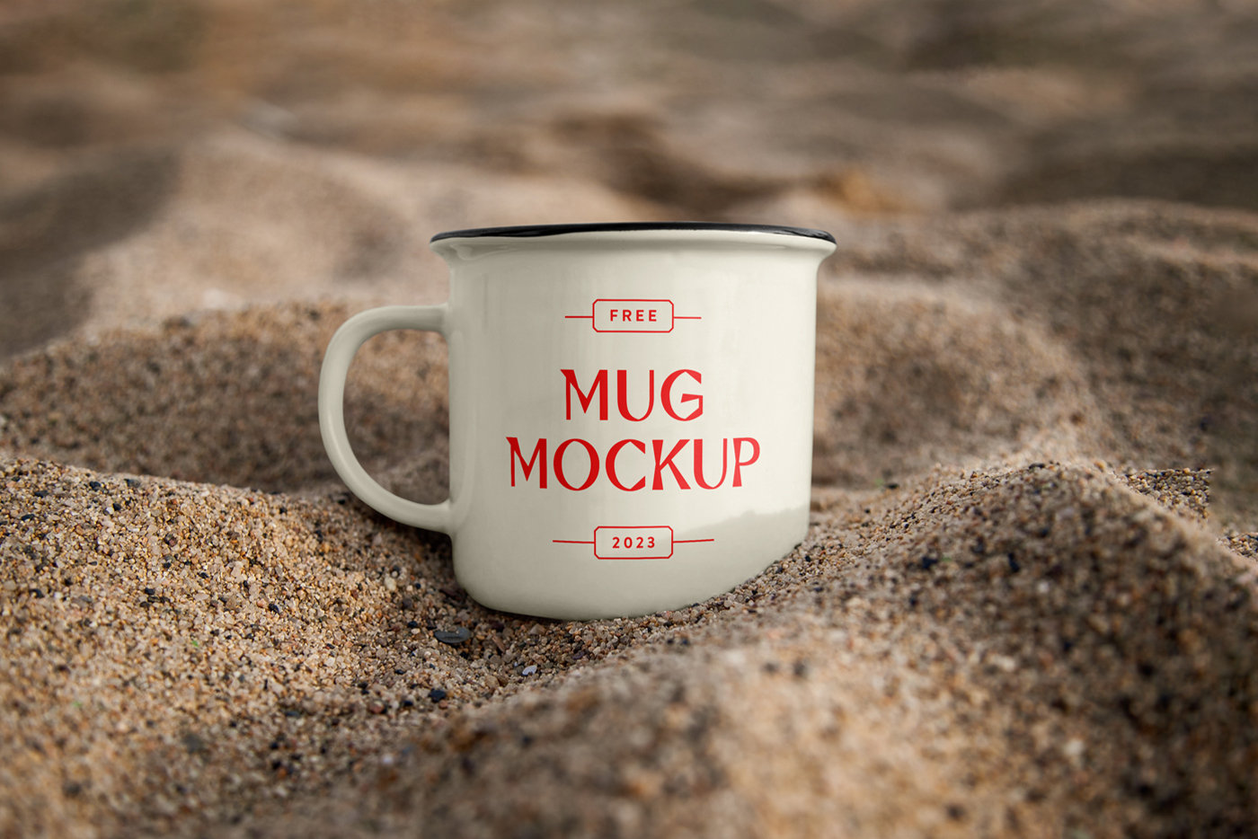 Front Showcase of Mug Mockup in Sand FREE PSD