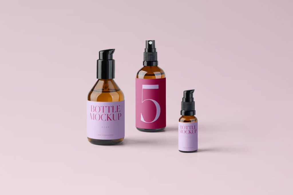 Front Sight of 3 Cosmetics Bottles Mockup