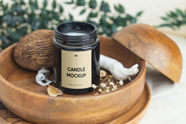 Front Sight of Candle Mockup in Wooden Bowl