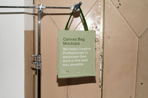 Front Sight of Canvas Bag Mockup Hanging on Tripod
