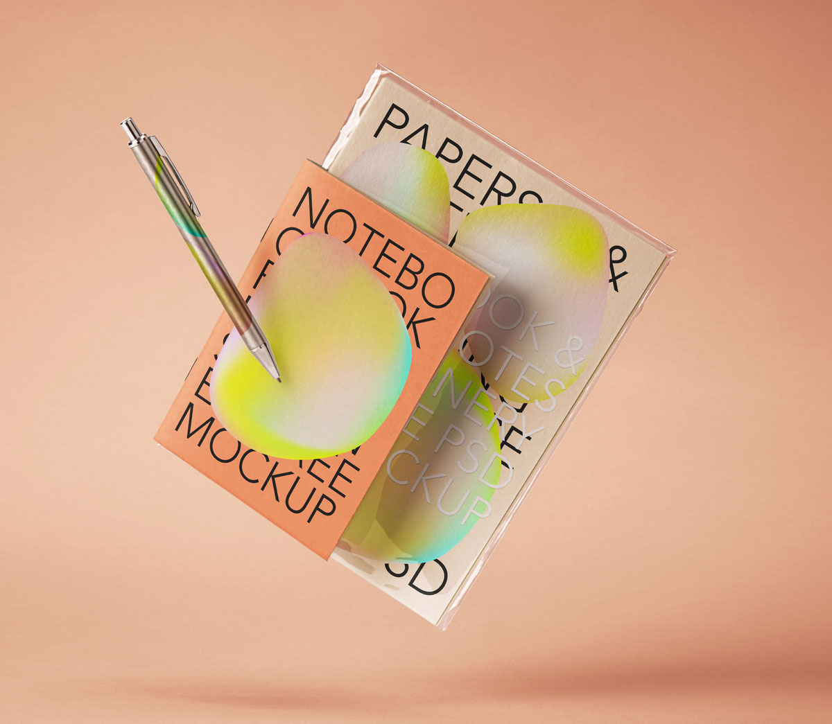 Free Front Sight of Floating Stationery Mockup with Pen PSD Template