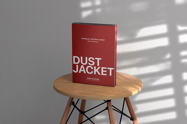 Front Sight of Hardcover Book Mockup on Wooden Stool