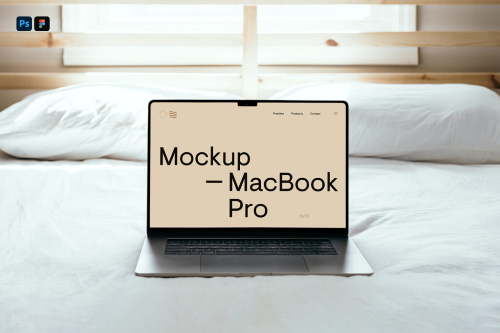 Front Sight of MacBook Pro Mockup on Bed