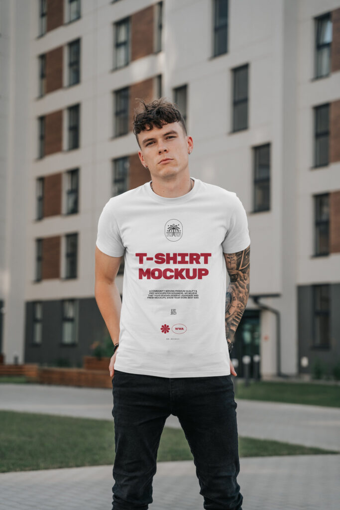 Front Sight of Man with Tattoo Wearing T-Shirt Mockup