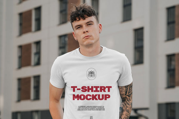 Front Sight of Man with Tattoo Wearing T-Shirt Mockup