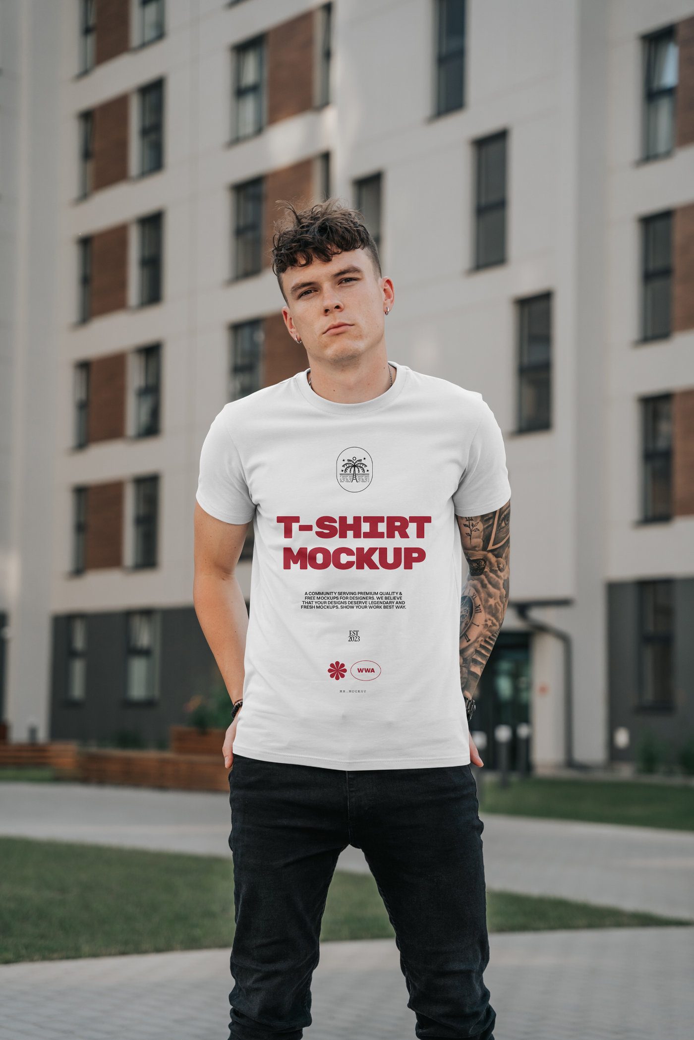 Front Sight of Man with Tattoo Wearing T-Shirt Mockup FREE PSD