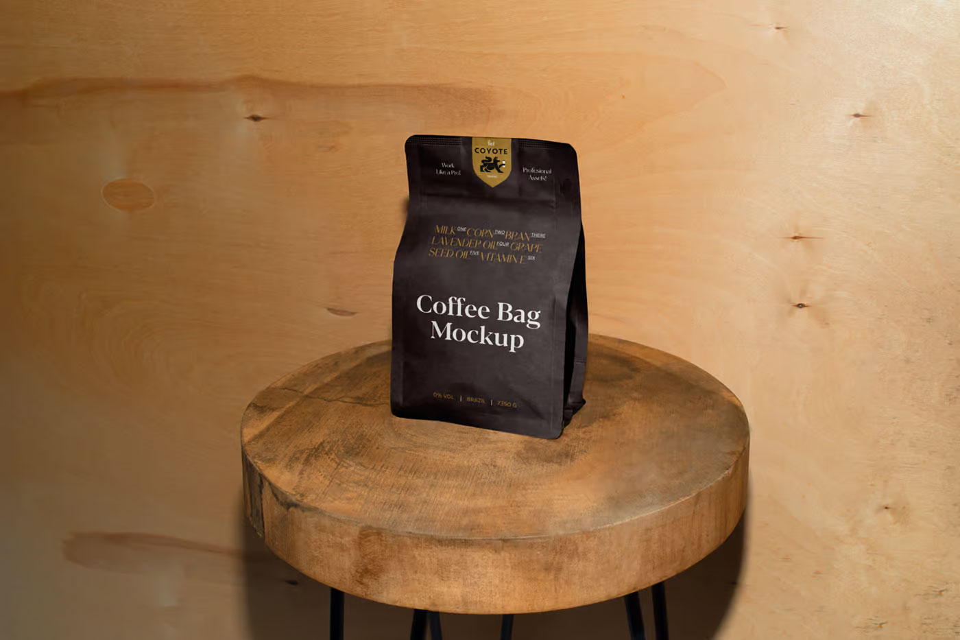 Free Front Sight of Paper Coffee Bag Mockup on Wooden Stool PSD Template