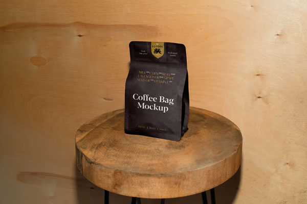 Front Sight of Paper Coffee Bag Mockup on Wooden Stool