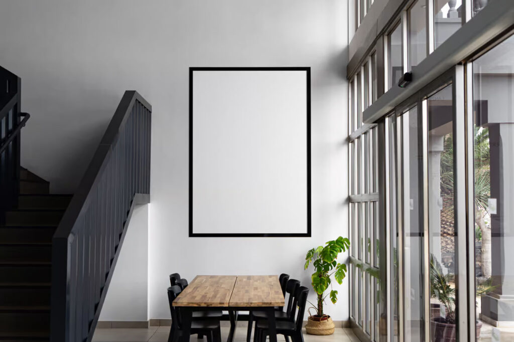 Front Sight of Poster Mockup in Living Room on Wall