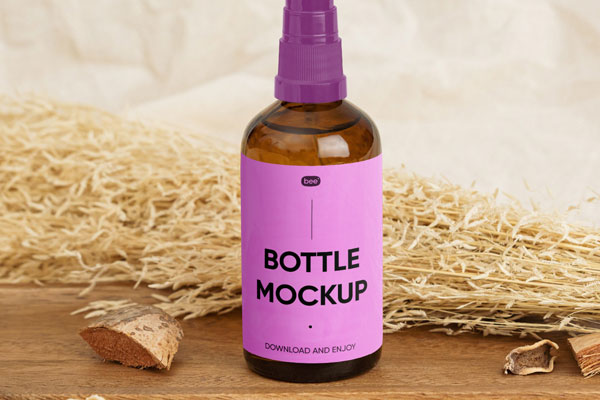Front Sight of Standing Spray Bottle Mockup on Wooden Plate
