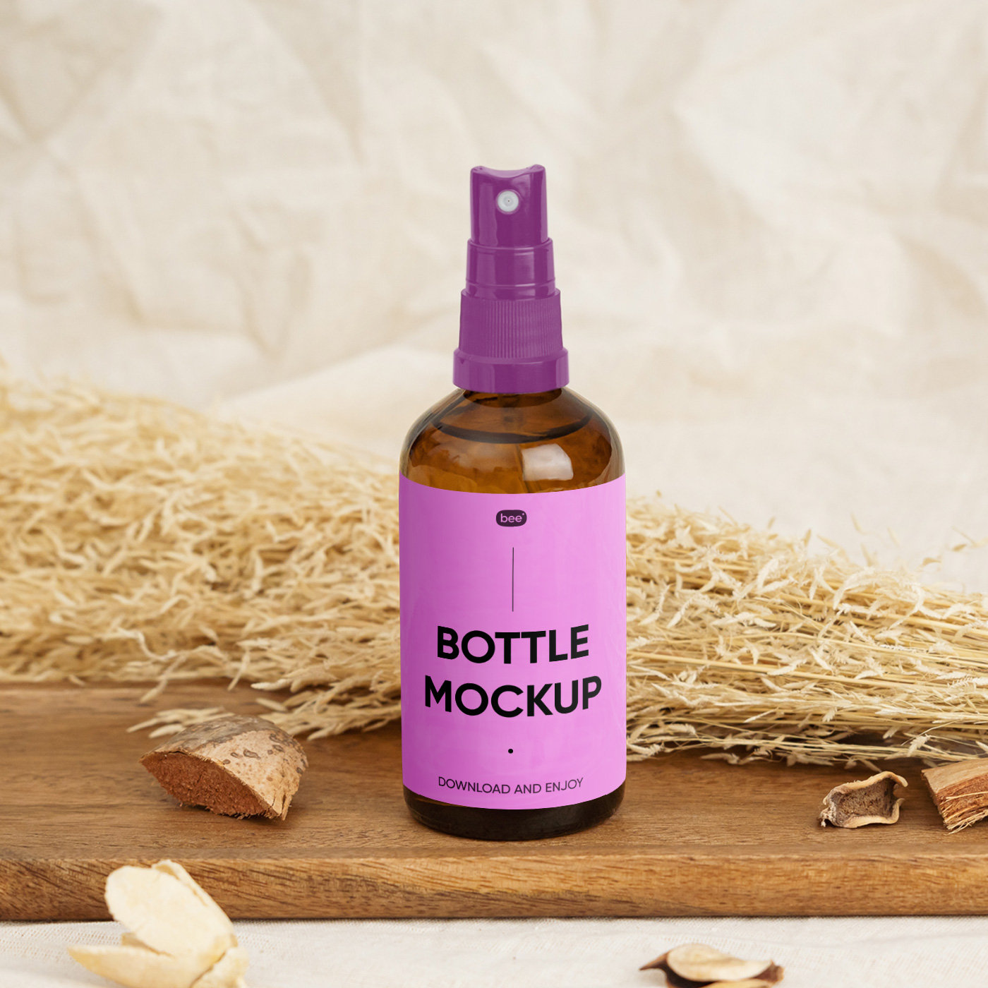 Front Sight of Standing Spray Bottle Mockup on Wooden Plate FREE PSD