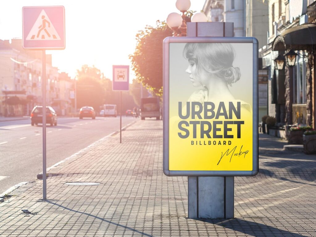 Front Sight of Urban Standing Street Billboard Mockup on Pavement