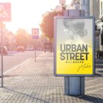 Front Sight of Urban Standing Street Billboard Mockup on Pavement