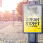 Front Sight of Urban Standing Street Billboard Mockup on Pavement