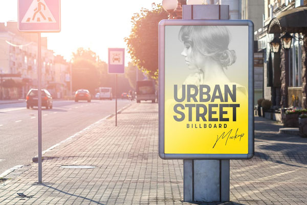 Front Sight of Urban Standing Street Billboard Mockup on Pavement