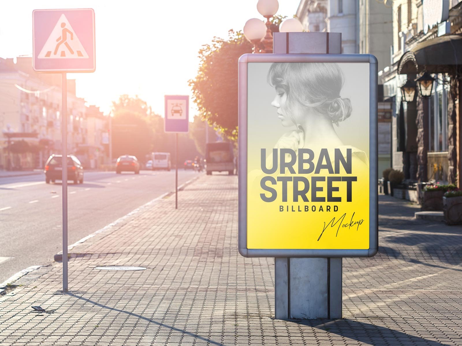 Front Sight of Urban Standing Street Billboard Mockup on Pavement FREE PSD