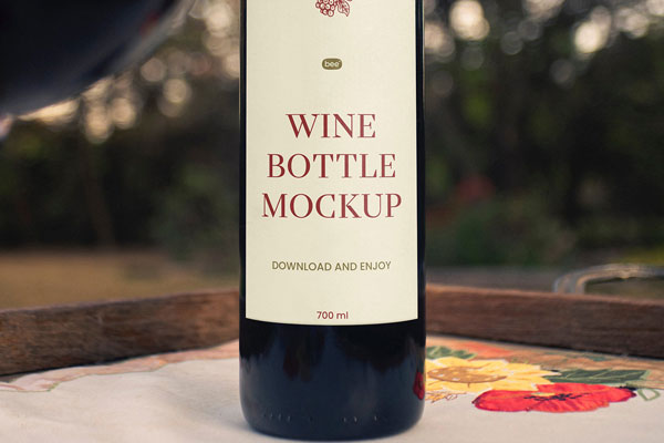 Front Sight of Wine Bottle Mockup with Glass