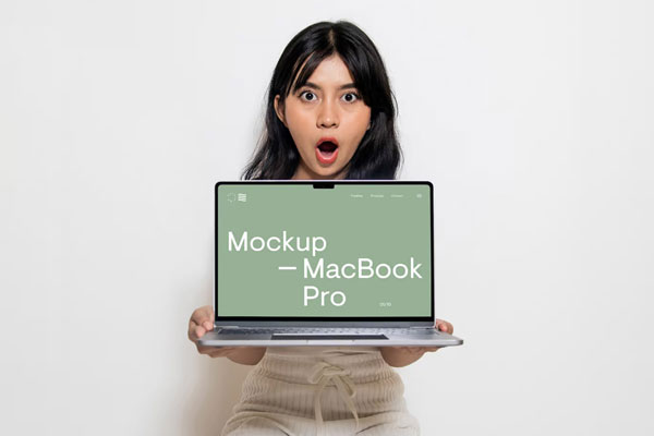 Front Sight of Women Holding MacBook Pro Mockup