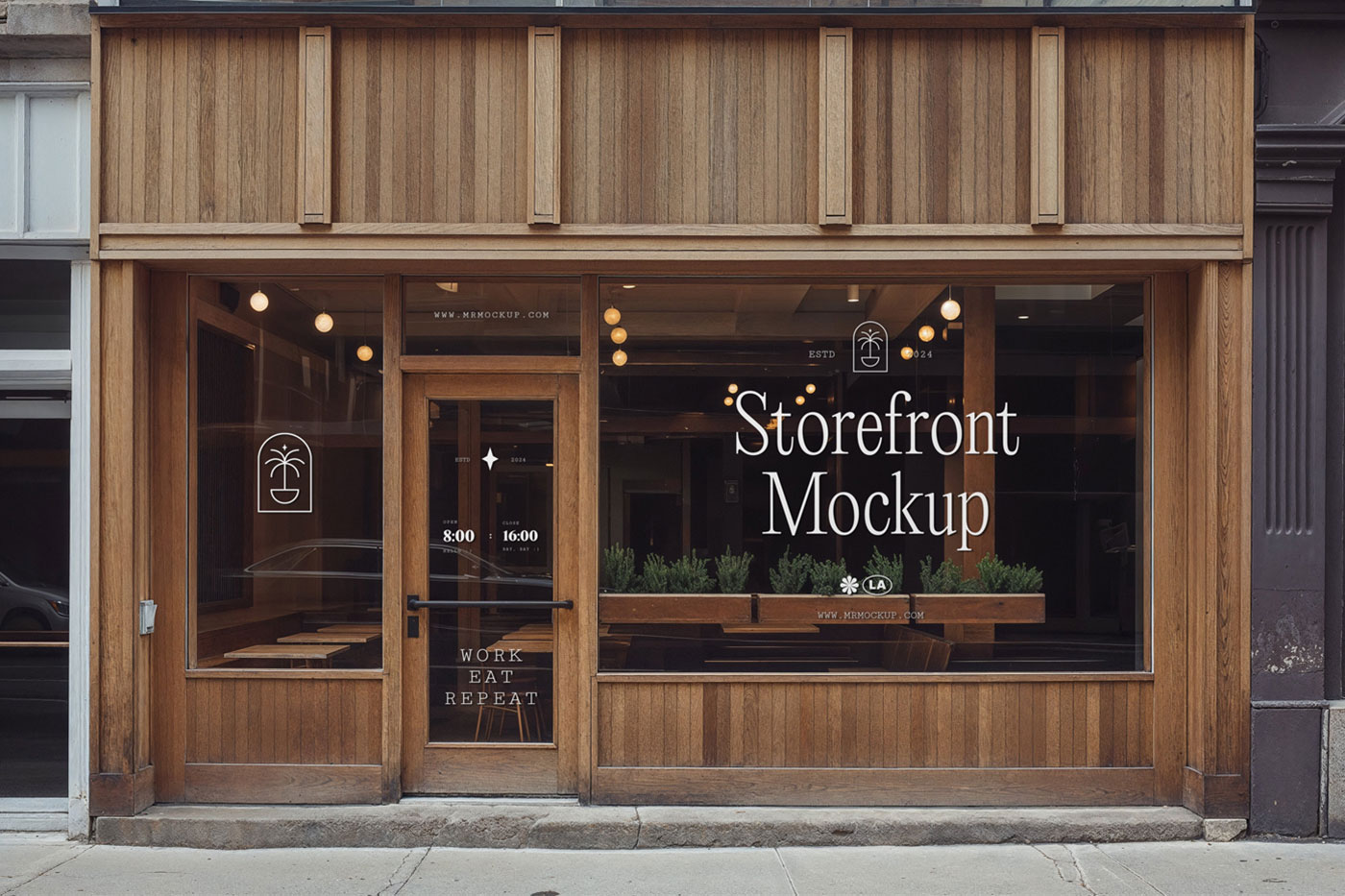 Free Front Sight of Wooden Storefront Mockup PSD Template
