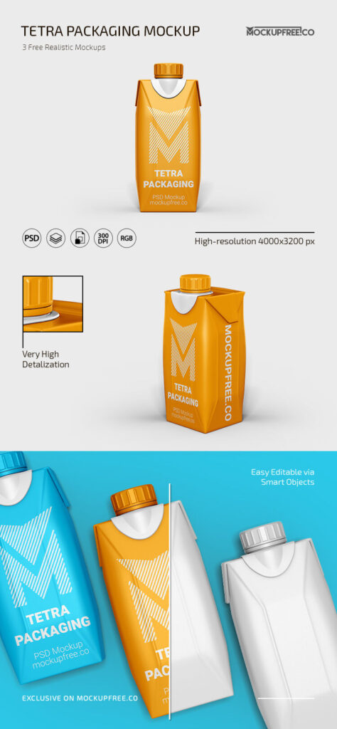 Front, Top, and 3/4 View of Three Tetra Packaging Mockups