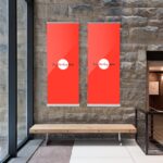 Front View 2 Indoor Vertical Banners on Stone Wall Mockup
