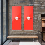 Front View 2 Indoor Vertical Banners on Stone Wall Mockup