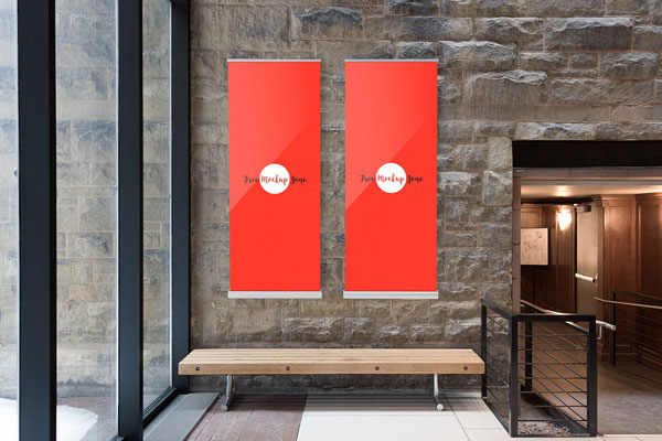 Front View 2 Indoor Vertical Banners on Stone Wall Mockup