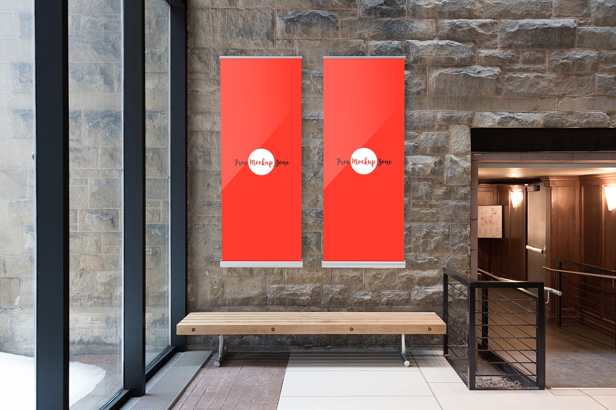 Front View 2 Indoor Vertical Banners on Stone Wall Mockup FREE PSD