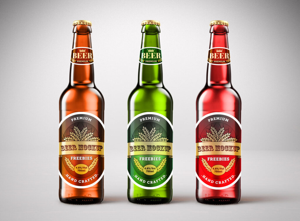 Front View 3 Beer Bottles Next to Each Other Mockup