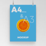 Front View A3 or A4 Poster Hanging on Wall Mockup