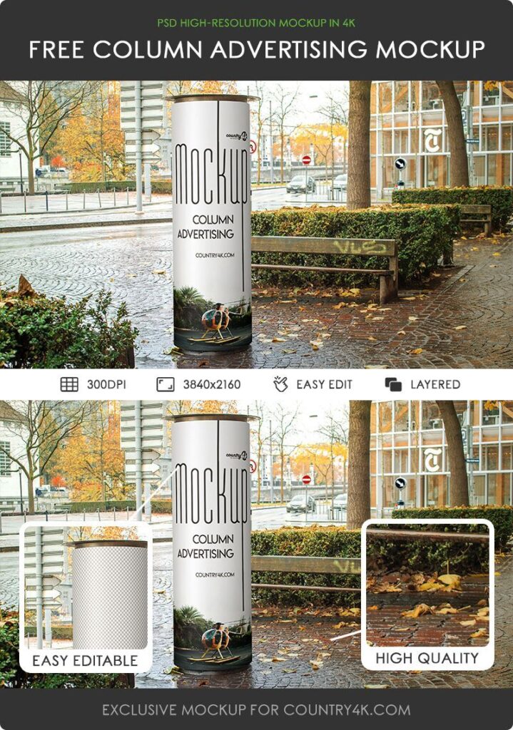 Front View Advertising Column on Pavement in Autumn Setting Mockup