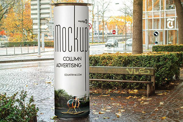 Front View Advertising Column on Pavement in Autumn Setting Mockup
