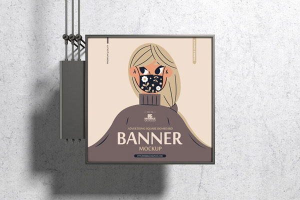 Front View Advertising Square Signboard Banner Mockup