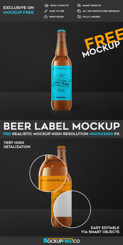 Front View Amber Beer Bottle Label Mockup with Metal Lid