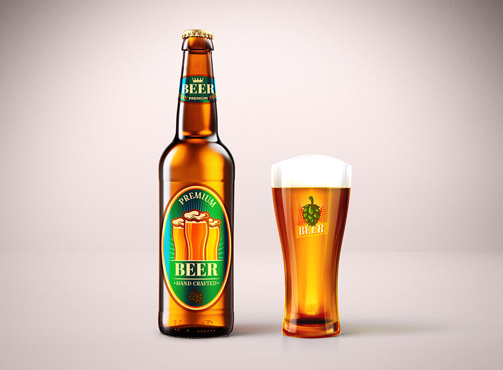 Front View Beer Bottle Next to Glass Mockup