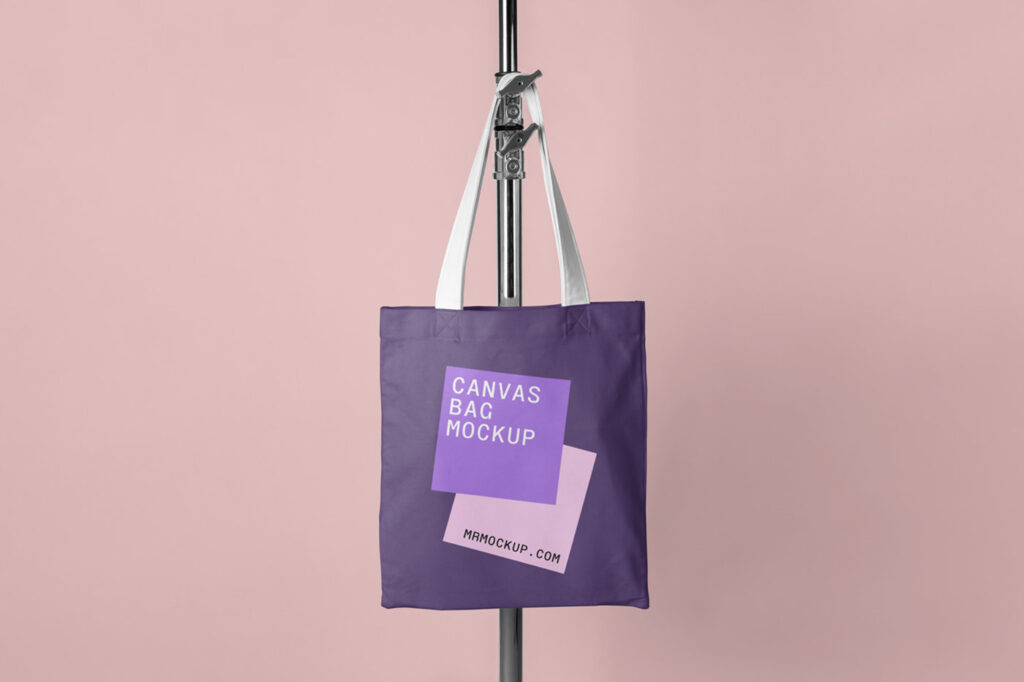 Front View Canvas Bag Hanging on Tripod Mockup