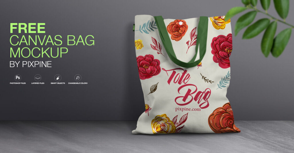 Front View Canvas Bag Leaning Against Wall Mockup with Leaves
