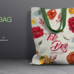 Front View Canvas Bag Leaning Against Wall Mockup with Leaves