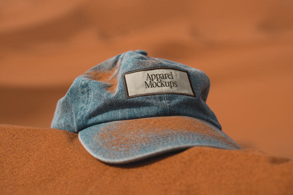 Front View Cap with Patch Mockup on Sand
