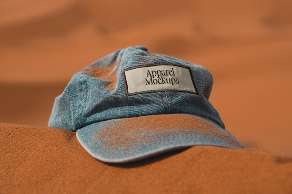 Front View Cap with Patch Mockup on Sand
