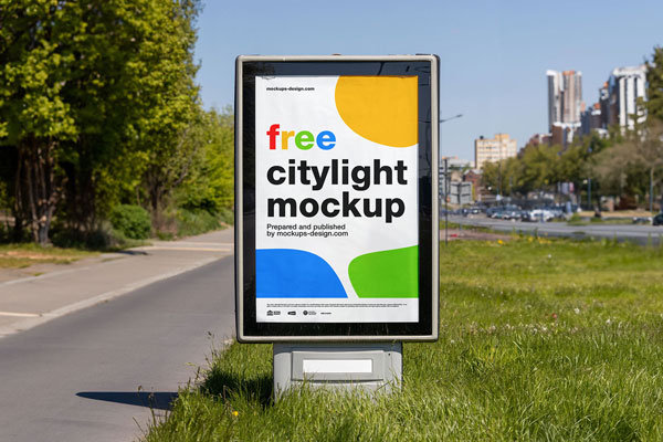 Front View Citylight Mockup in the Grass on the Roadside