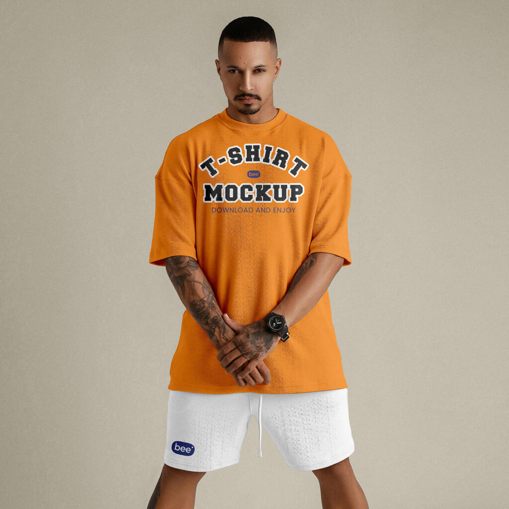 Front View Clothing Set on Man Mockup with T-shirt and Shorts