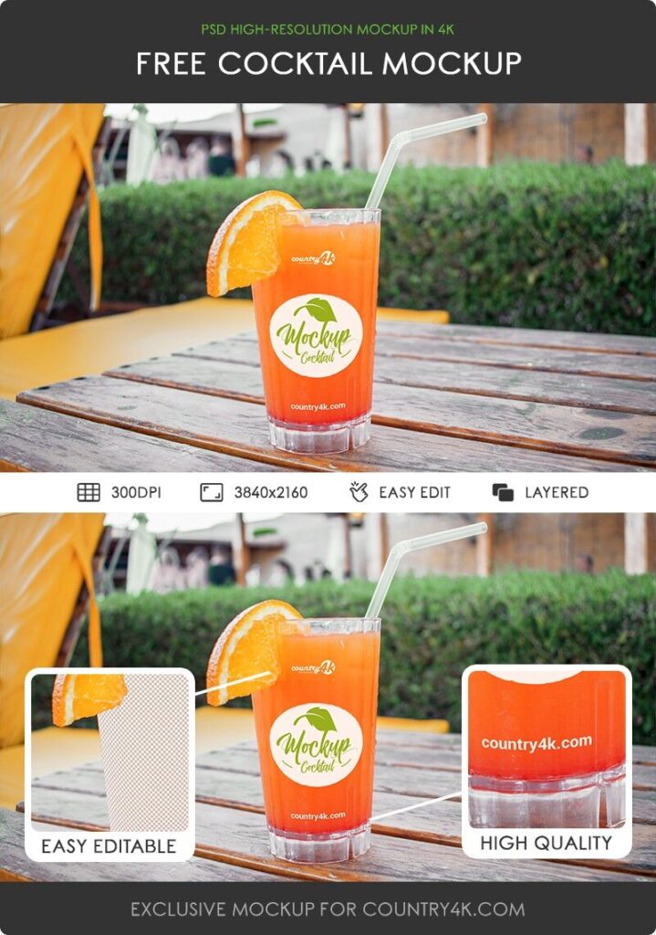 Front View Cocktail Mockup with Straw in Outdoor Setting