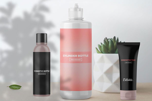 Front View Cosmetic Bottles and Tube Mockup