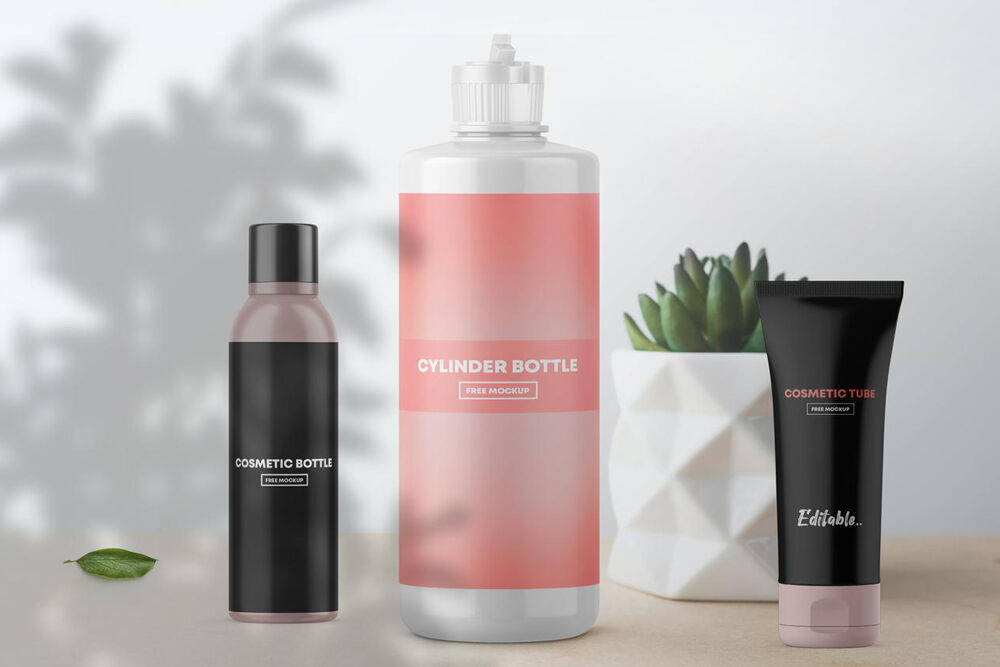 Front View Cosmetic Bottles and Tube Mockup